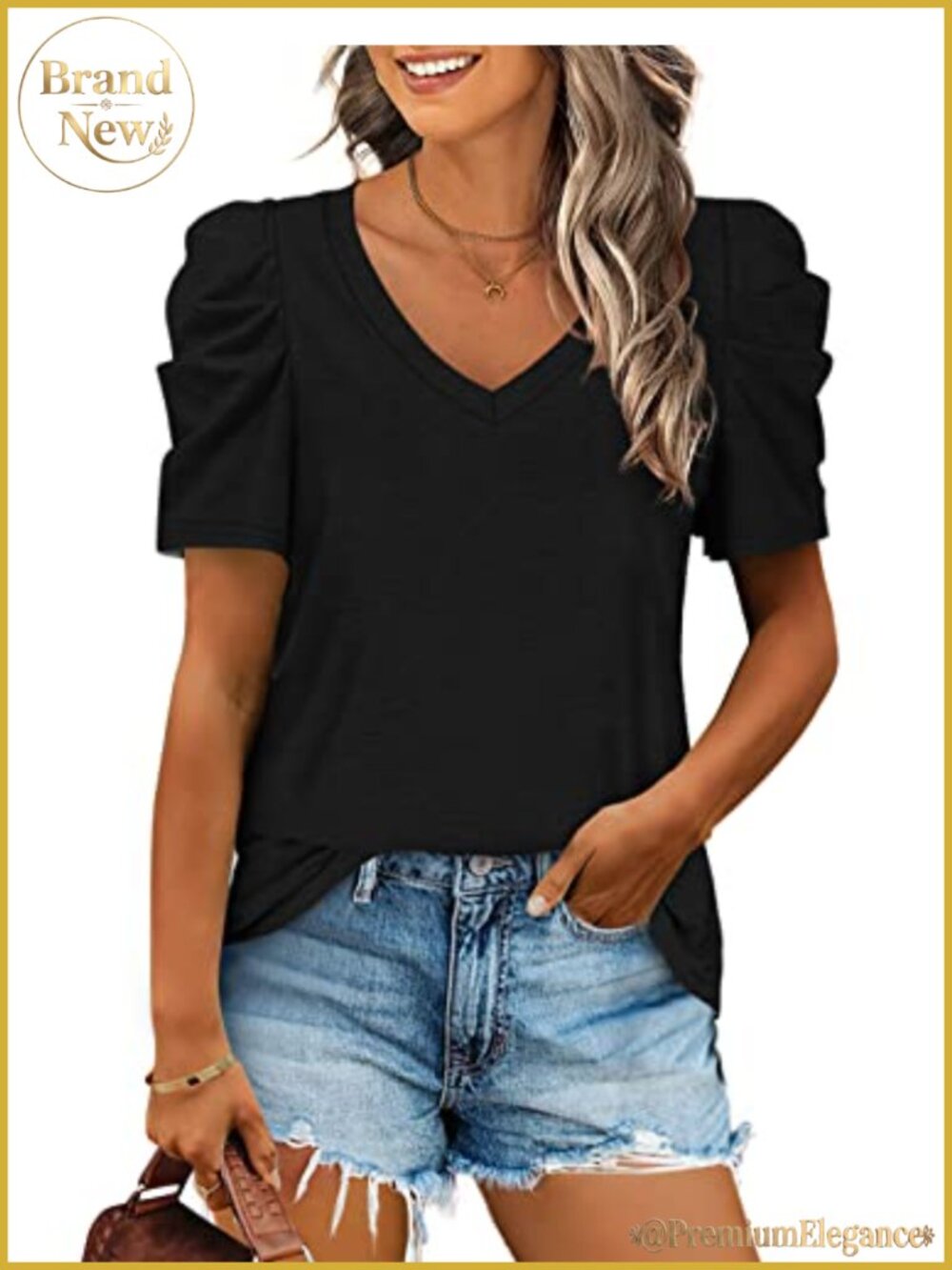 V-Neck Puff Sleeve T-Shirt Casual Solid Top